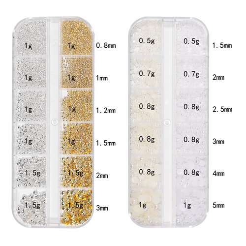 HNUIX Nail Art Charms - Metal Silver & Gold Beads, Flat back Round Rhinestones, Small Nail Pearls, 3D Mixed Sizes Decorations for Nails