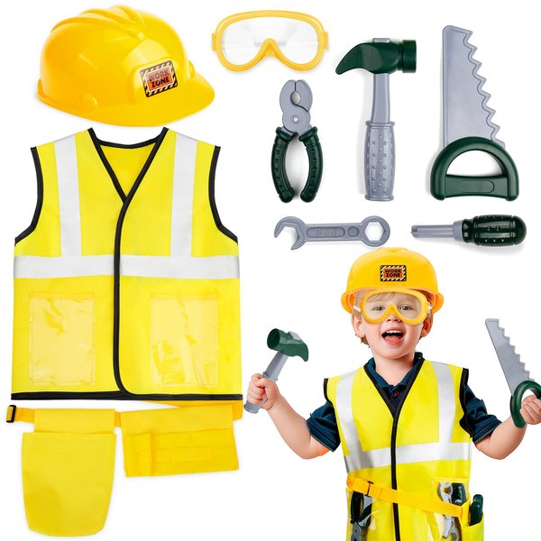 Popsunny Toddler Tool Set, Construction Worker Costume for Kids 3 4 5 6, Boys Girls Pretend Play Toys with Construction Vest, Hat & Adjustable Tool Belt