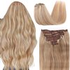 Clip in Hair Extensions Real Human Hair Beach Blonde Long Stright Layered Hair Extensions 18 inch 7PCS Hair Extension Thick Set Natural Soft Clip in Hair Extensions Human Hair for Women