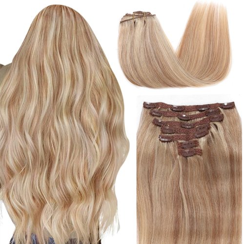 Clip in Hair Extensions Real Human Hair Beach Blonde Long Stright Layered Hair Extensions 18 inch 7PCS Hair Extension Thick Set Natural Soft Clip in Hair Extensions Human Hair for Women
