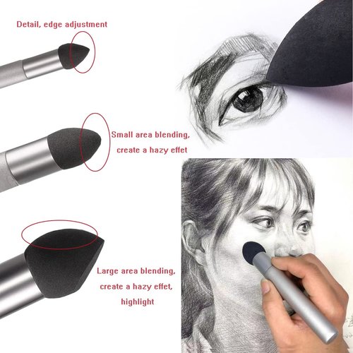 3Pcs Artist Blending Sponge Pen Washable Sketch Rubbing Sponge Brush Reusable Drawing Art Blenders Tools for Artist Professional Kids Student Sketch Drawing Correcting Lightening and Highlight