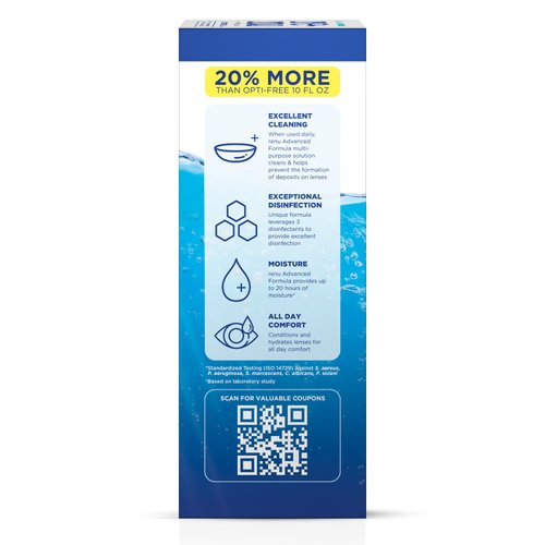 Renu Contact Lens Solution Multipurpose Disinfectant, Advanced Formula Lens Cleaner, Cleans & Moisturizes Soft & Silicon Hydrogel Lenses, 12 Fl Oz