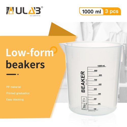ULAB Scientific Stackable Graduated Plastic Beakers, 3pcs of 1000ml(33.8oz), with Easy-to-Read Printings in Black, UBP1014