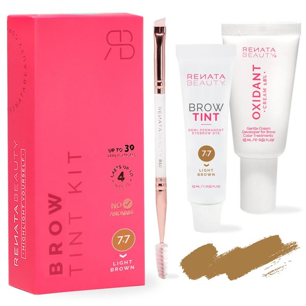 RB RENATA BEAUTY Lash and Brow Tint Kit – Eyelash & Eyebrow Tint Set – Dye Kit with Color Tint, Cream Developer and Styling Brush – Long-Lasting Effect Up to 4 Weeks – 30 Applications [Light Brown]
