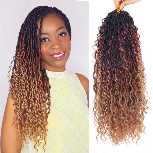 ZRQ 8 Packs 18 Inch Goddess Locs Crochet Braids Hair, 3 Tone Ombre Boho Faux Locs Crochet Hair,Synthetic Bohemian Locs Ombre Hippie Locs,Curly River Locs Hair Extension 1B3027#