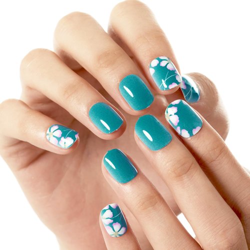 GLAMERMAID Press on Nails Extra Short Squoval, Spring Peacock Blue Flower Glue on Nails with Cherry Blossom, 24Pcs Floral Round Reusable UV Finish Fake Nails Acrylic False Nails Kits for Women Gift