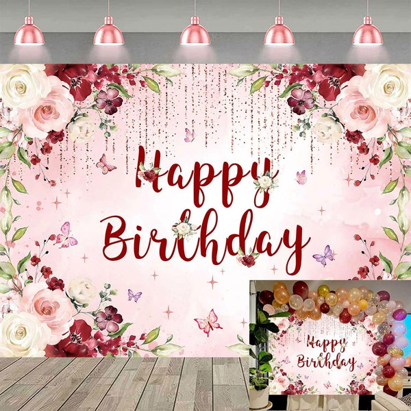 Burgundy Floral Happy Birthday Backdrop Glitter Pink Rose Flower Photography Background for Women Girls Floral Birthday Party Decorations Supplies Banner (8x6FT: 96x72 inch)
