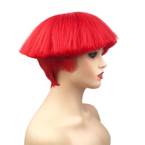 Wiginway Bowl Cut Costume Wig, Mushroom Cut Wigs for Male Women, Short Yaki Straight Fluffy Wigs, Red
