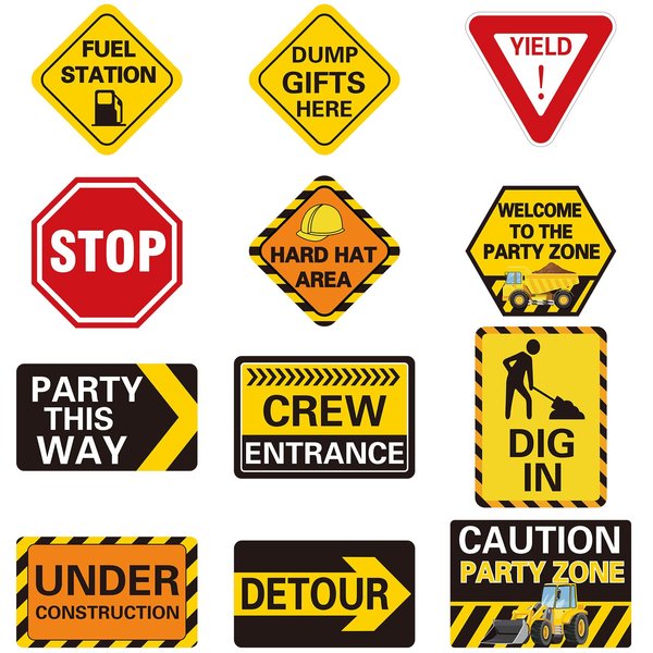 12 Pcs Construction Party Signs Traffic Zone Birthday Laminated Signs Children Construction Birthday Paper Cutouts with Glue Points for Kids Boy Construction Theme Dump Truck Birthday Party Supplies