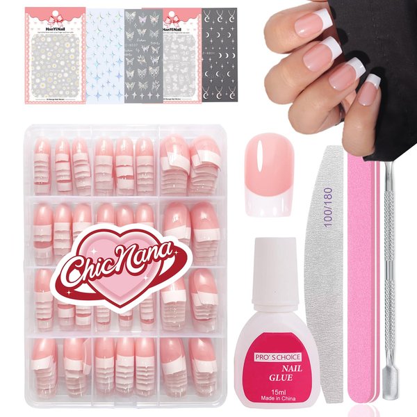 French False Nails Kit, Press on Nails with Glue 240Pcs Short Square Fake Nails French White Tip Pink Color Glossy Full Cover Glue on Nails for Women (Short Square)