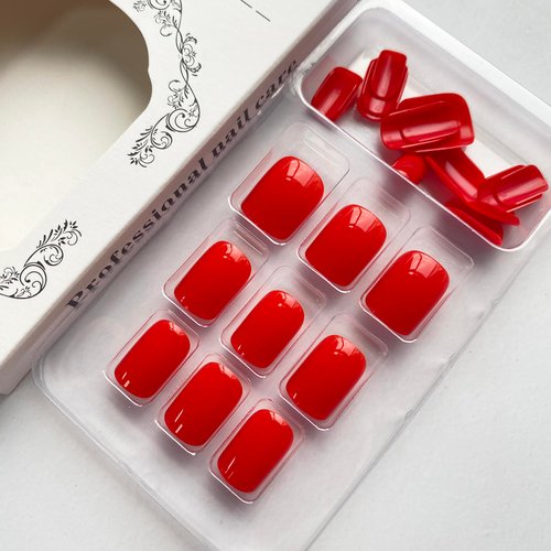 24 Pcs Pure Red Press on Nails Short Fake Nails Square Stick on Nails Full Cover Acrylic Nails Solid Color Nail Tips Glossy False Nails Artificial Stick on Nails for Women DIY Manicure Decorations