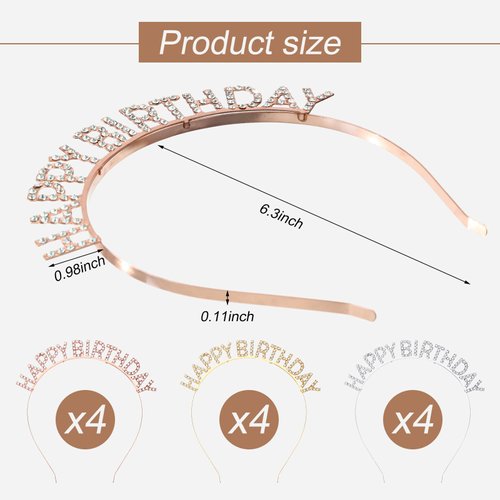 Lyrow 12 Pcs Birthday Headbands Birthday Crowns for Women Girls Happy Birthday Tiara Princess Birthday Party Decorations Rhinestone Bling Birthday Accessories for Party Supplies Gift