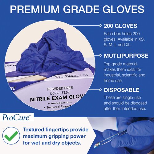 ProCure [200 Count Disposable Nitrile Gloves Medium - Powder Free, Rubber Latex Free, Medical Exam Grade, Non Sterile, Ambidextrous - Soft with Textured Tips - Cool Blue