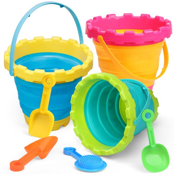LNCOJOLM Collapsible Bucket Beach Bucket with Rake Spade Sifter Sandbox Toys, Foldable Sand Pail Shovel Castle Mold Garden Tool Kits for Digging Camping Fishing