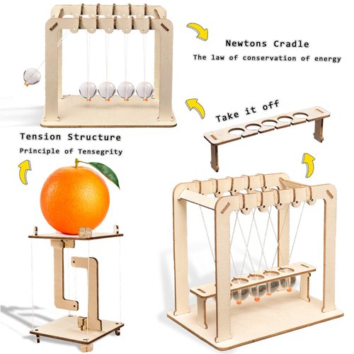 CYAZOO 2in1 3D Wooden Puzzle Set-Scientific Experiment Assembly Kits Stress Relief Educational STEM Model for Kids Adults-Unique Gift for Kids Teens Friends(2PCS：Newtons Cradle &Tension Structure)