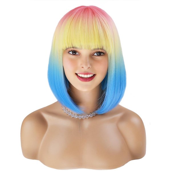 incohair Rainbow Ombre Bob Wigs for Women,12 Inches Short Straight Hair Wig with Bangs Synthetic Wig Colored Cosplay Wigs for Daily Party (Pink/Yellow/Blue)