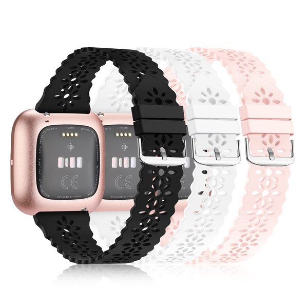 YAXIN 3 Pack Slim Sport Bands Compatible with Fitbit Versa/Versa 2/Versa Lite for Women,Soft Silicone Lace Replacement Wristbands for Fitbit Smart Watch,Black/White/Pink Sand