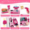 Wee Wonders 63PCS Cash Register for Kids, Kids Cash Register with Real Calculator, Pretend Play Store with Music/Motorized Conveyor/Play Money/Food Toys, Learning Toys for Boys Girls 3+, Pink