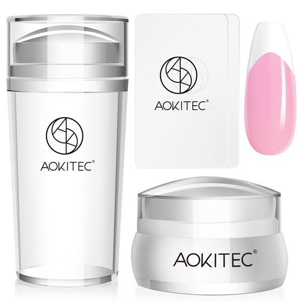 Aokitec French Tip Nail Stamp Kit - 4PCS Silicone Nail Stamper Kit Long & Short Clear Jelly Stamper for Nails with Scrapers Nail Art Design Tools Kit for French Manicure Salon Use Home DIY