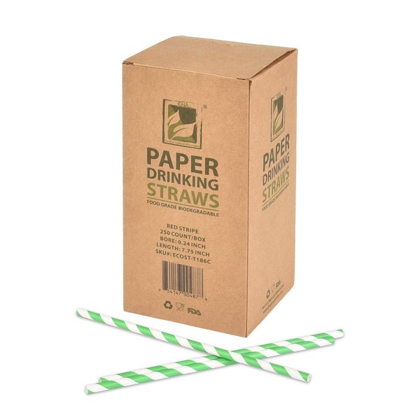 100% Compostable Paper Straws Disposable [7.75", Green Stripe, 250 Count], Paper Straws for Drinking, Eco Friendly, Biodegradable, Sturdy Straws with Soy-Based Ink by Earth's Natural Alternative