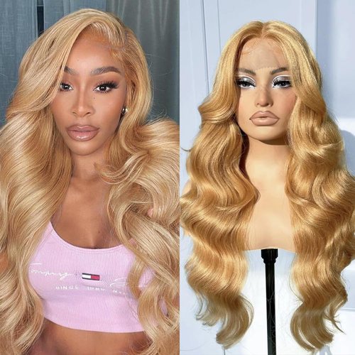 SOSATISFY Body Wave Honey Blonde Wig Human Hair 13x4 Honey Blonde HD Lace Front Wig Human Hair 200% Density 27# Colored Human Hair Wigs Pre Plucked with Baby Hair (22 inch)