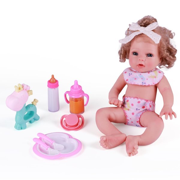 BABESIDE 9 Pcs Reborn Baby Doll Accessories Set, 12-15 Inch Baby Doll Feeding Set with Baby Doll Bib Doll Diaper and Baby Doll Bottles Doll Pacifier Rattle Toy, Pretend Play Toys for Kids Ages 3+