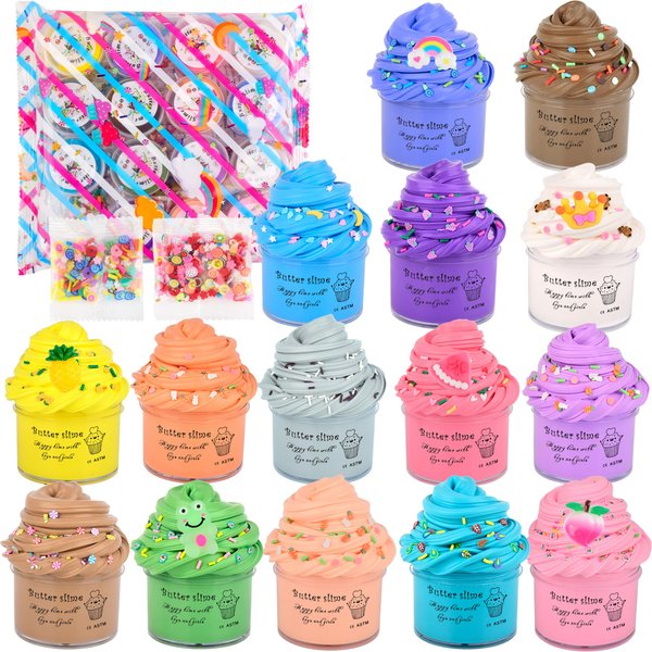 WUHUANIU 15 Pack Mini Slime, Butter Slime Party Favors, Soft Non-Sticky and Stretchy Slime Kit for Classroom Prizes, Christmas Stocking Stuffers, Goodie Bag Stuffers for Kids Boys Girls, N001 N002