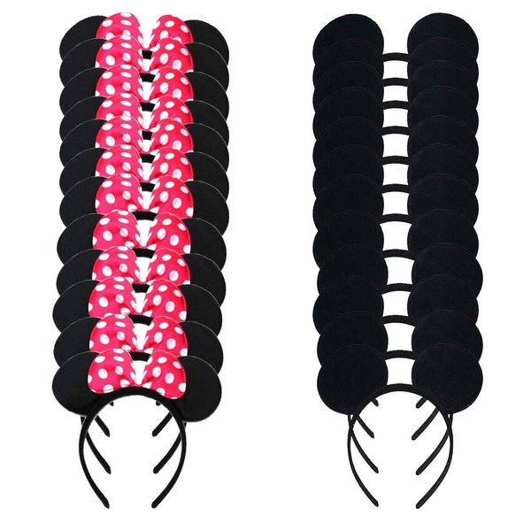 winvin Set of 24 Mouse Costume Deluxe Fabric Ears Headband White Polka Dots Bow Boys Girls Birthday Party Hairs Accessories Baby Shower Headwear Halloween Party Favors Decorations (Black Rose Red)