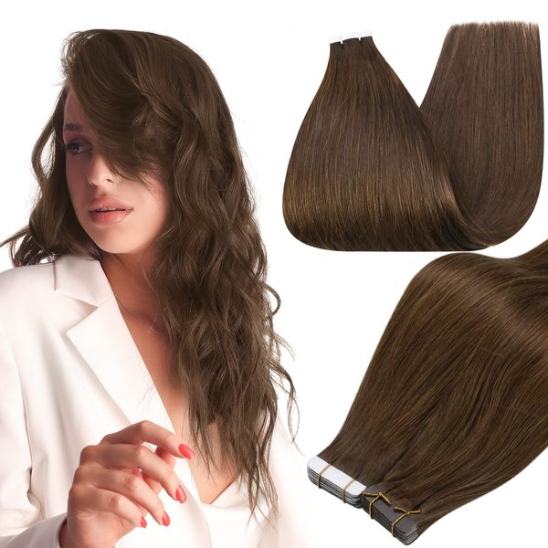 Full Shine 16 Inch Tape In Human Hair Extensions Medium Brown Color 4 Skin Weft Double Side 50 Gram Seamless Skin Weft Straight Hair