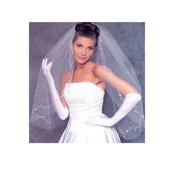 Bridal Veil Ivory 1 Tier Fingertip Length Motif Edge With Irredescent Seed Beads