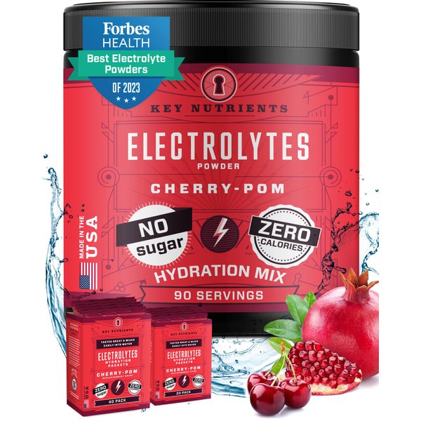 KEY NUTRIENTS Multivitamin Electrolytes Powder No Sugar - Sweet Cherry Pom Electrolyte Powder - Endurance & Energy Supplement - Hydration Powder - No Calories - 90 Servings - Made in USA