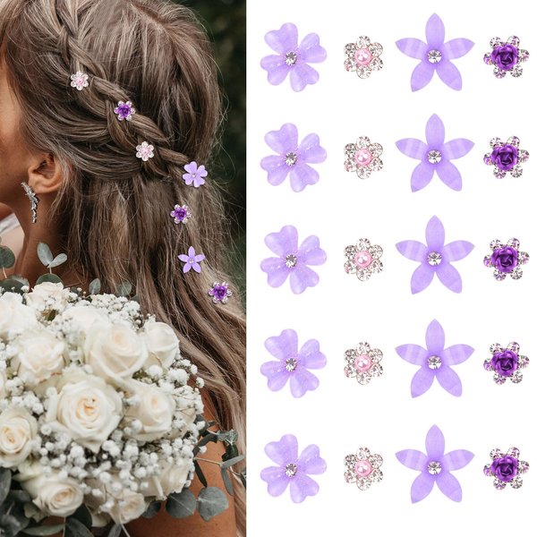 YISSION 20Pcs Mini Flower Hair Clips Cute Rhinestone Hair Pins Small Decorative Hair Clips Wedding Hair Barrettes Purple Flower Hair Clips Bridal Hair Accessories for Girls Women (4 Flower Pattern)