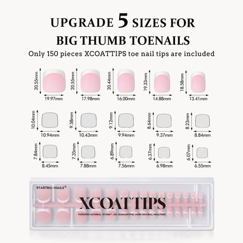 btartboxnails XCOATTIPS Toe Nail Tips - Upgrade Bigger Size French Tip Press On Toenails for Women, Pink Soft Gel Toenail Press Ons, 150pcs Soak Off Fake Toe Nails