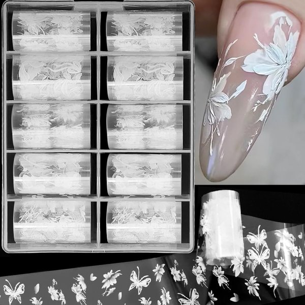 10 Roll/Box White Flowers Nail Foil Transfer Paper Hand-painted Lace Flower Nail Stickers for Nail Art Supplies Flower Petals Butterfly Transfer Stickers for Nails Floral Nail Decals Flower Nail Foils