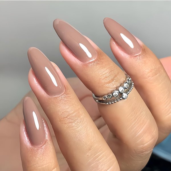 BiBiSi Coffee Press on Nails Almond Medium Fake Nails Gel Glossy Designs Acrylic Glue on Nails Kit Reusable False Nails 24Pcs