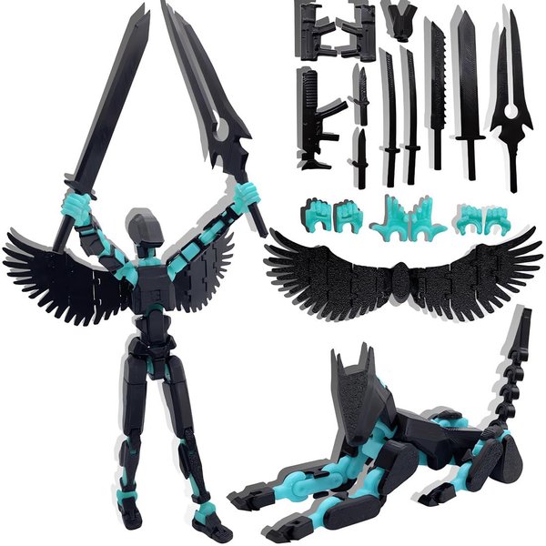 masijssa T13 Action Figures Set (Assembly Completed) Dummy 13 Titan 13 Robot Action Figure 3D Printed Robo Multi-Jointed Movable Action Figure Toy with Full Articulation (Black Blue Figure + Dog)