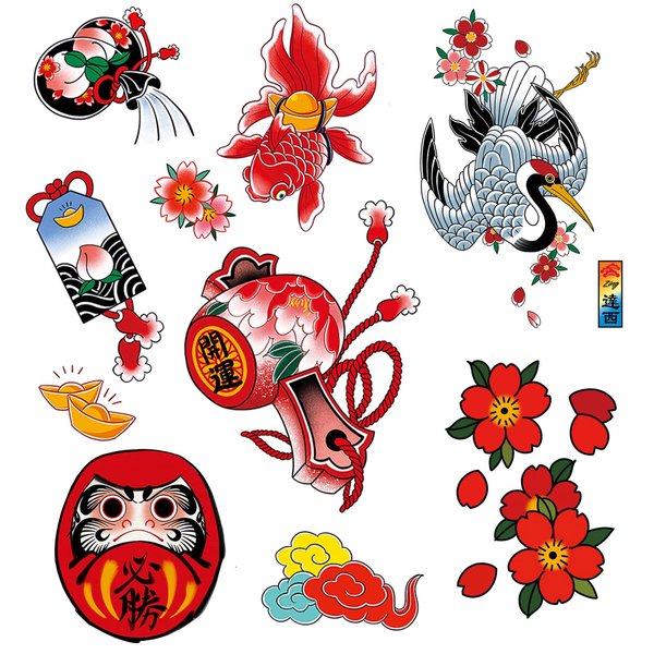 PUSNMI Japanese Traditional Tattoo Old School Stickers for Men Women Japan Cherry Blossoms Wind Chimes Lucky Charm forArm Leg Neck for Festival Club