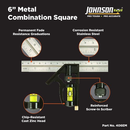 Johnson Level & Tool 406EM Professional Inch/Metric Combination Square, 6", Silver, 1 Square
