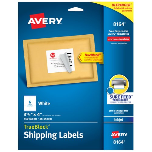 Avery® TrueBlock® Permanent Inkjet Shipping Labels, 8164, 3 1/3" x 4", White, Pack of 150
