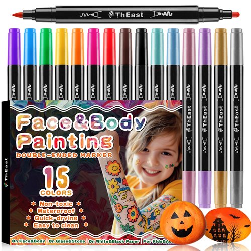 ThEast 15 Colors Halloween Face Painting Markers, Dual Tip Temporary Tattoo Markers for Skin, Washable Face Body Painting Kit for Kids, Halloween Makeup Party Favors