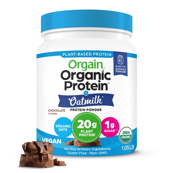 Orgain Organic Vegan Protein Powder + Oat Milk, Chocolate - 20g Plant Based Protein, Gluten Free, No Dairy, Soy or Lactose Ingredients, Low Sugar, Non-GMO, Kosher, For Shakes & Smoothies - 1.05lb