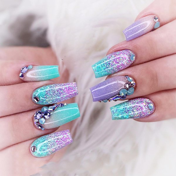 Aosedolr 24Pcs Medium Long Pink-green gradient Pressed Nails Coffin,French pink-purple Glitter Stick on Nails Set Reusable Full Coverage Acrylic Fake Nails Glue on Nails Rhinestone Manicure Women's