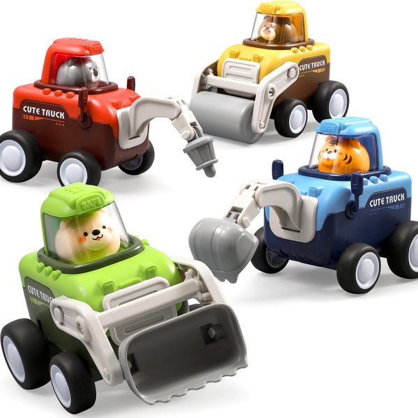 NiToy 4-Pack Press and Go Car Toys for Toddlers Ages 1-3, Battery-Free Push and Go Cartoon Construction Vehicle Toys for Boys & Girls Indoor & Outdoor Play, Stimulates Sensory & Cognitive Development