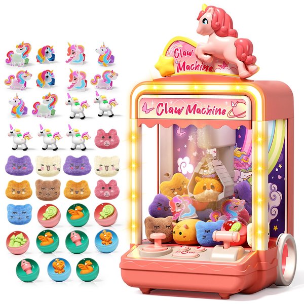 Kids Claw Machine, Mini Candy Vending Grabber, Prize Dispenser Toys for Girls and Boys, Electronic Claw Game Machine for Party Birthdays with Lights Sound, Includes 35 Mini Toys