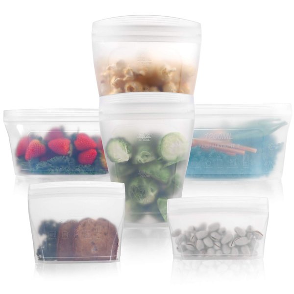 Reusable food container silicone bag, Full Set 6, 2 Cups, 2 Dishes, 2 Bags Zip Containers Storage, 100% Silicone Reusable Food Bag, Stand Up Preservation Bag, Rounded interior for easy cleaning.