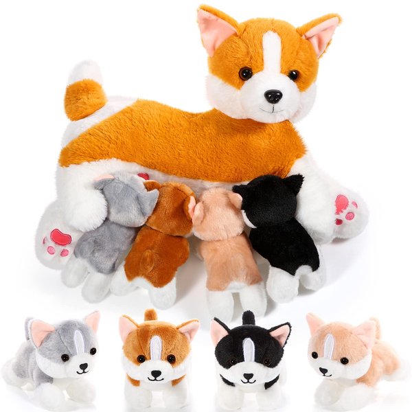 Honoson Nurturing Dog Stuffed Animal with Puppies Set Nursing Mommy Dog Plush with 4 Baby Puppies Soft Cute Stuffed Plush Toys for Kids Girls Boys Birthday Gifts Christmas Party Favors(Dachshund Dog)