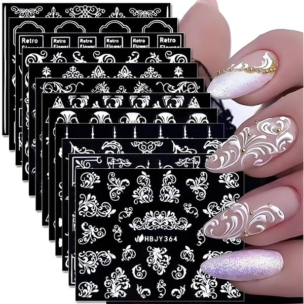 12 Sheets White Nail Art Stickers 3D Self Adhesive White Flower Nail Stickers White Lace Leaf Nail Decals for Nail Art Floral Retro Nail Design Decoration Accessories for Women and Girls