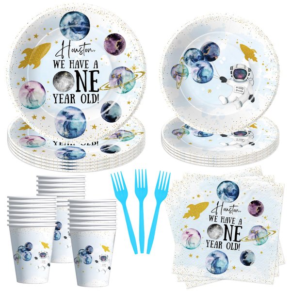 HIPVVILD Outer Space First Birthday Party Supplies, Space 1st Birthday Party Decorations Tableware, Paper Plate, Cup, Napkin, Disposable Fork, Houston We Have a One-Year-Old Party Supplies | Serve 24
