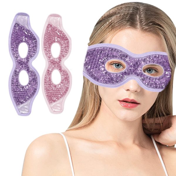 Jakuva 2PCS Cooling Gel Eye Mask with Plush Backing,Ice Eye Mask&Gel Beads Cold Eye Packs&Heat Cold Compress Pack Eye Spa Pad for Puffy Eyes,Puffiness,Headache,Stress Relief (Pink&Purple)
