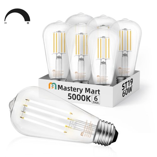 MASTERY MART Dimmable Vintage E26 LED Light Bulb, 5000K Daylight White 5.5W (60 Watt Equivalent), Glass ST21 Antique Edison Style, 500LM, Decorative Filament Bulb, UL and Energy Star, 6 Pack